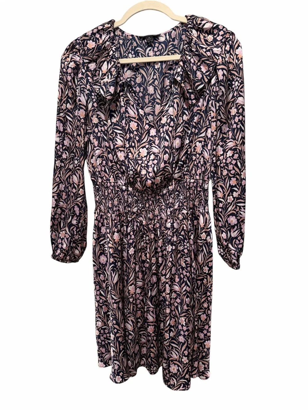 J. Crew Navy Blue Floral Fields V-Neck Long-Sleeve Smocked-Waist Dress SMALL